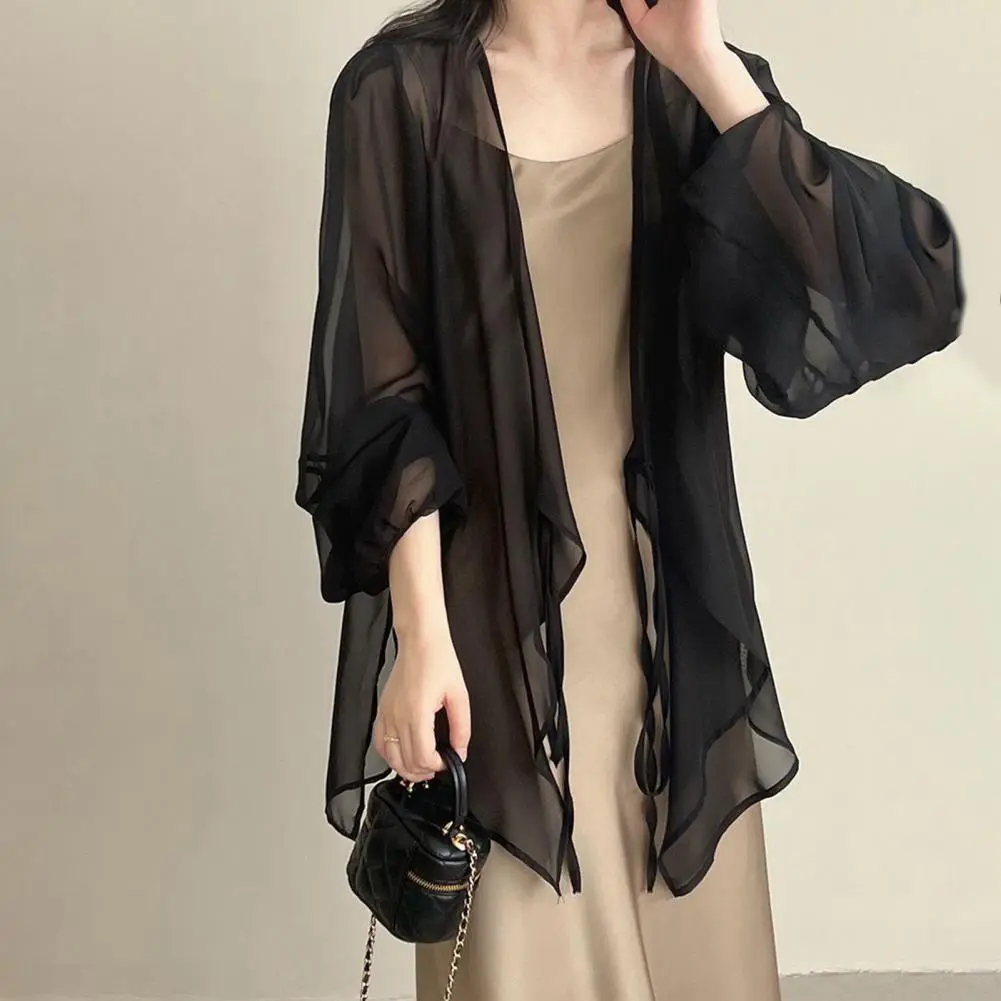 Women Chiffon Cardigan See-through Lace-Up Irregular Hem Shawl Coat V-neck Lantern Long Sleeve Chiffon Cover-up Women Shawl