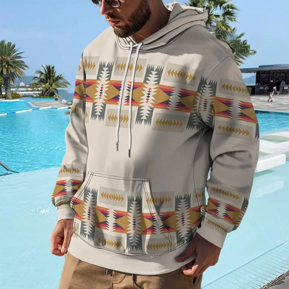 Eye-catching Geometric Pattern Men Sweatshirt Front Pocket Hooded Sweatshirt Stylish Men's Geometric Print Hoodie Warm Sporty