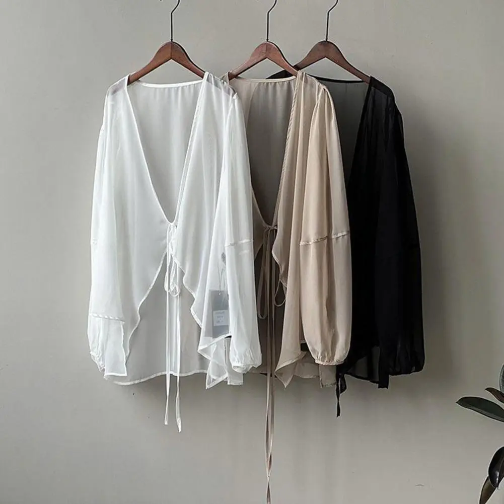 Women Chiffon Cardigan See-through Lace-Up Irregular Hem Shawl Coat V-neck Lantern Long Sleeve Chiffon Cover-up Women Shawl