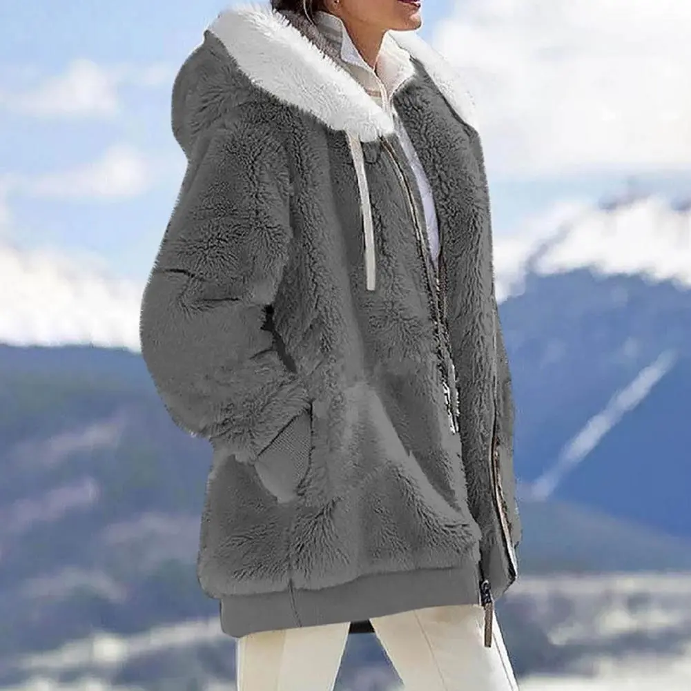 2025 Women Winter Coat Solid Color Warm Furry Plush Plus Size Lady Coat Autumn Hooded Drawstring Outdoor Thermal Winter Coat