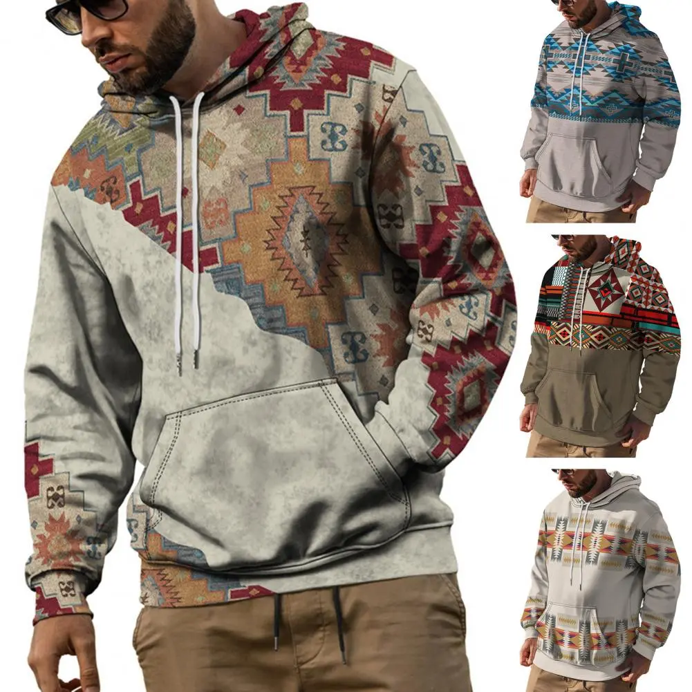 Eye-catching Geometric Pattern Men Sweatshirt Front Pocket Hooded Sweatshirt Stylish Men's Geometric Print Hoodie Warm Sporty