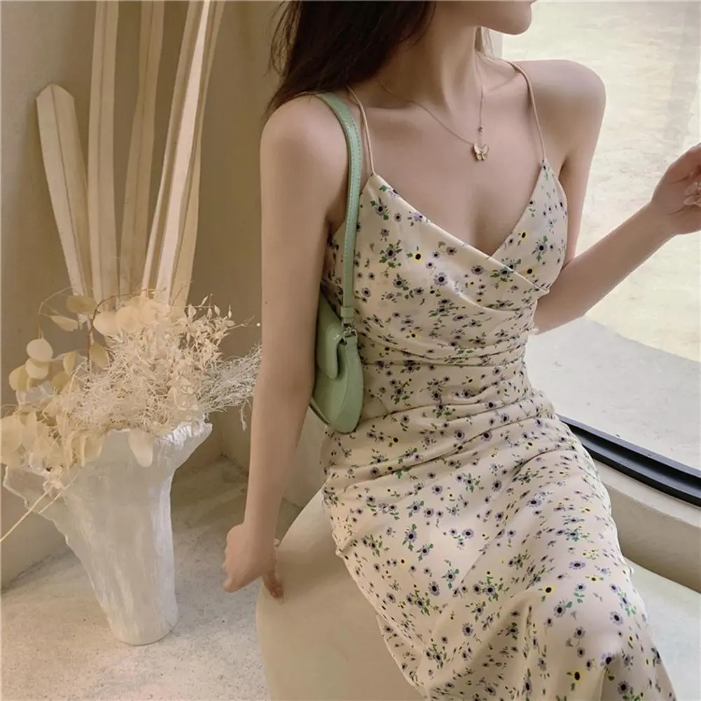 2025 Women Party Dress Flower Printing Low-cut V Neck Spaghetti Strap Backless Lady Ball Dress Sleeveless Tight Waist Midi Dress