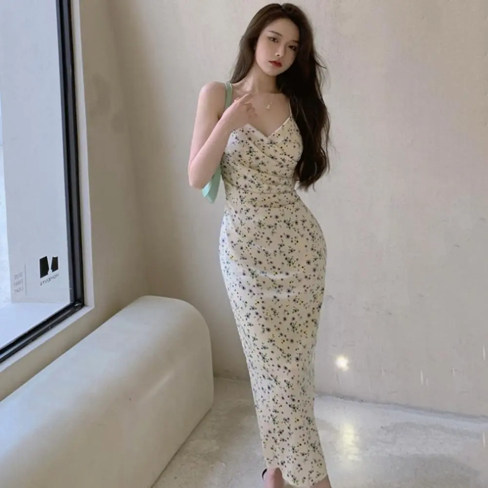 2025 Women Party Dress Flower Printing Low-cut V Neck Spaghetti Strap Backless Lady Ball Dress Sleeveless Tight Waist Midi Dress