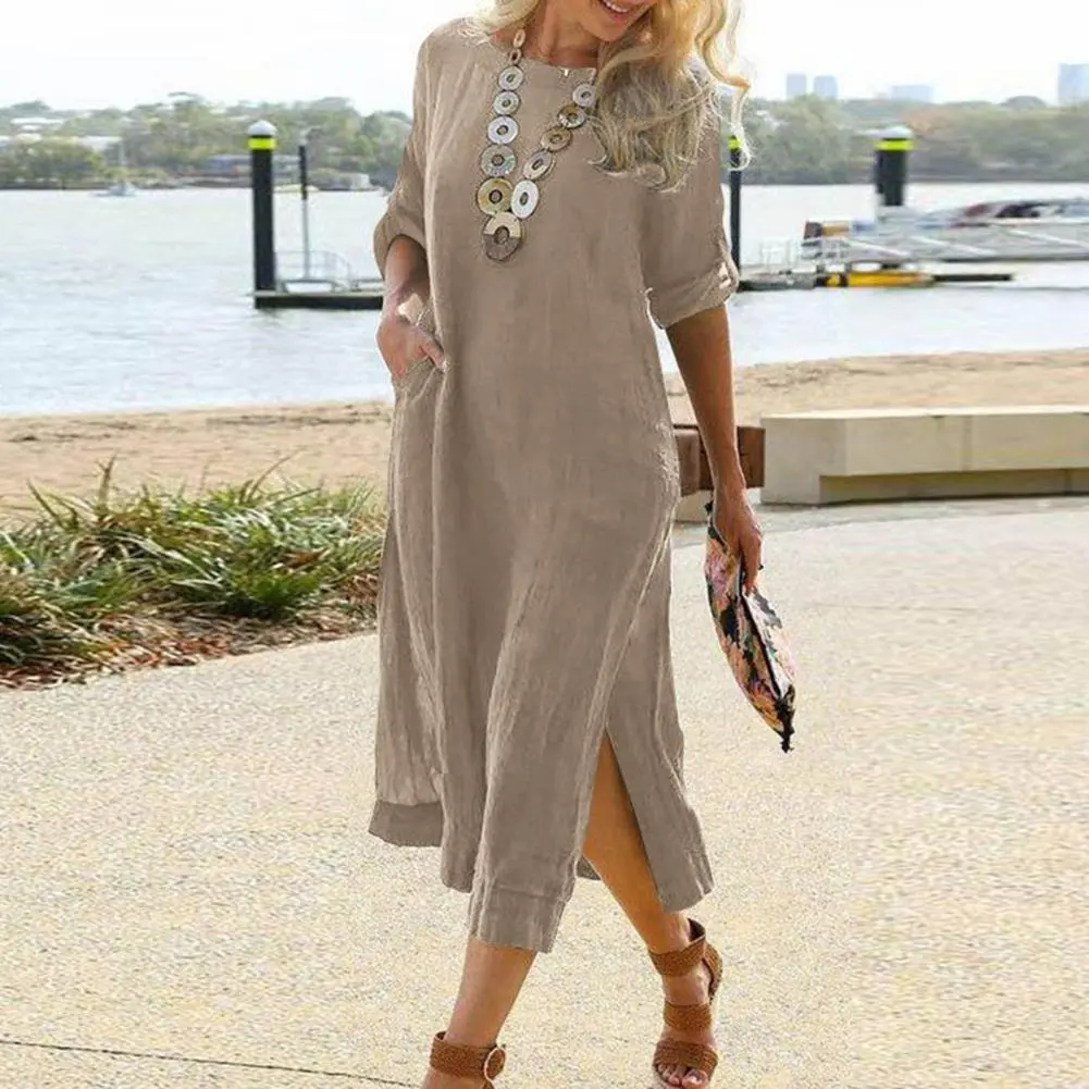 Fashion Dress O Neck Slit Hem Women Dress Loose Fit Plus Size Solid Color Ladies Dress Office Lady Casual Party Dresses
