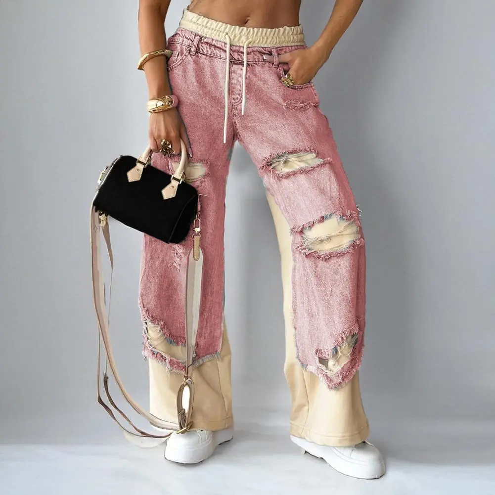 Ripped Holes Denim Splicing Pants 2025 New Women Casual Pants Elastic Waist Drawstring Summer Long Wide Leg Trousers Women Jeans