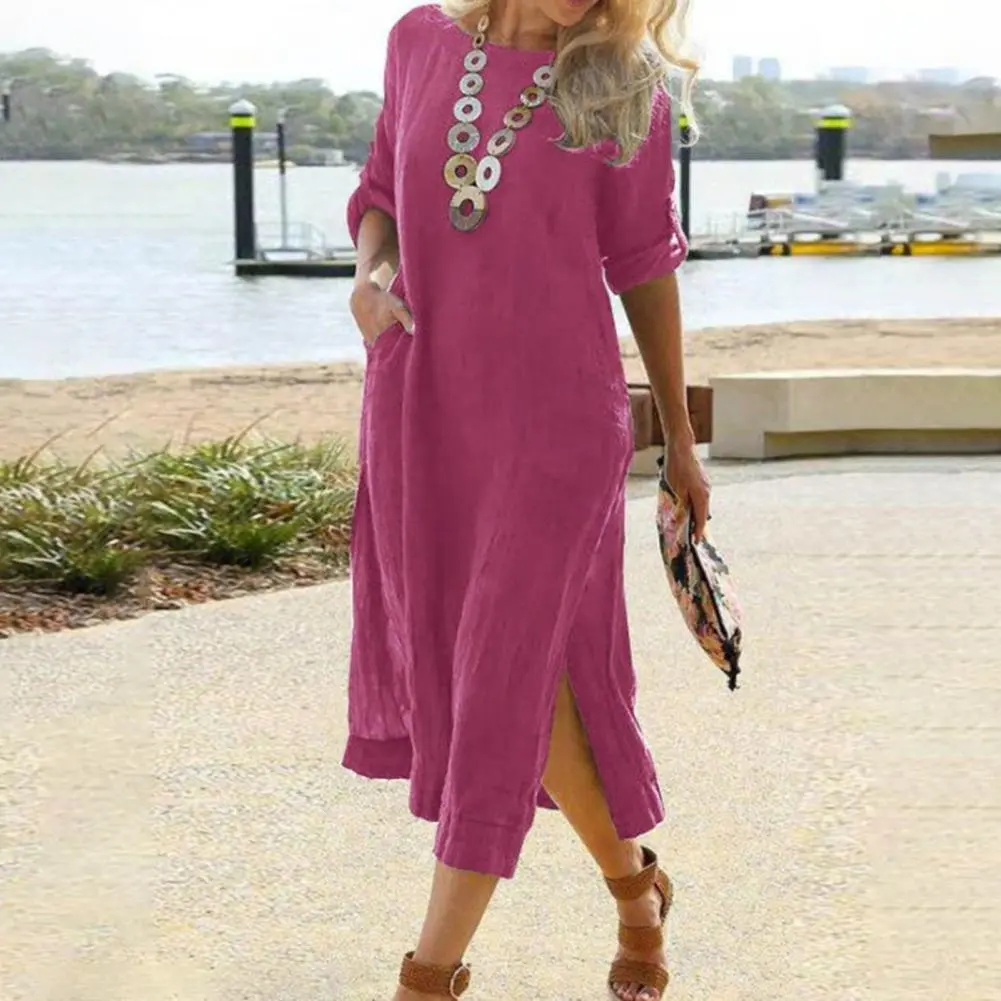 Fashion Dress O Neck Slit Hem Women Dress Loose Fit Plus Size Solid Color Ladies Dress Office Lady Casual Party Dresses