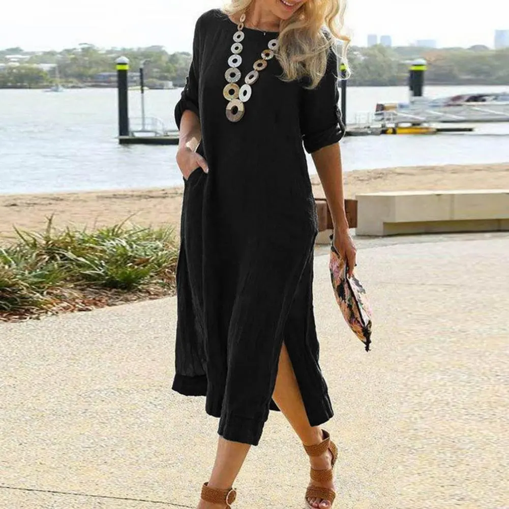 Fashion Dress O Neck Slit Hem Women Dress Loose Fit Plus Size Solid Color Ladies Dress Office Lady Casual Party Dresses