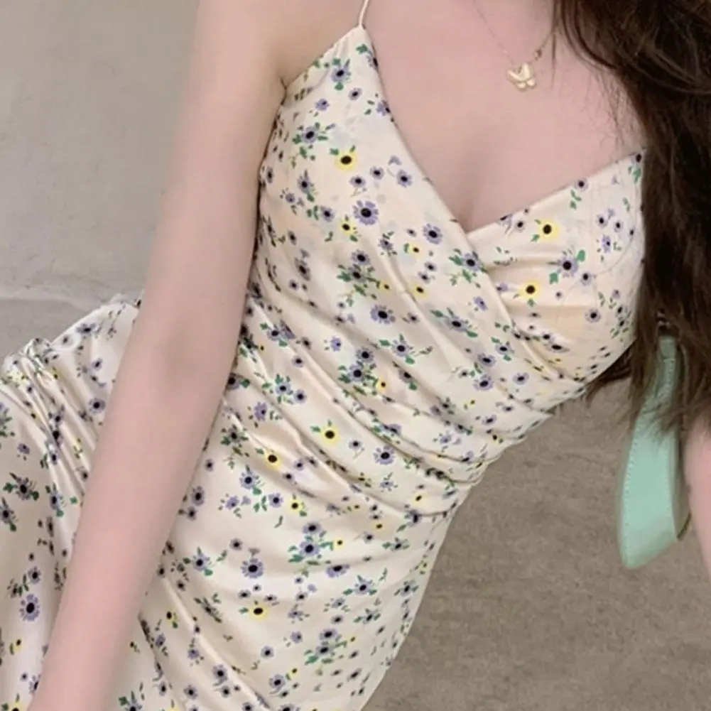 2025 Women Party Dress Flower Printing Low-cut V Neck Spaghetti Strap Backless Lady Ball Dress Sleeveless Tight Waist Midi Dress
