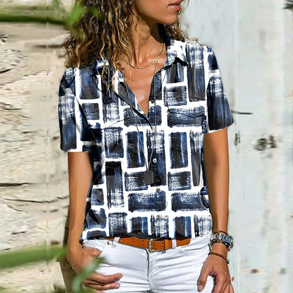 Blouse Streetwear Casual Blouse Thin Classic Printing Pockets Casual Blouse Single-breasted Printing Pockets Women Blouse Shirt