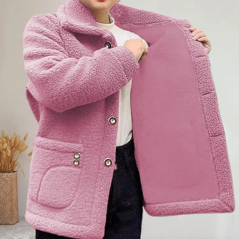 2025 Single Breasted Outwear Women Autumn Winter Coat Lapel Long Sleeve Thickened Imitation Lamb Wool Cardigan Cozy Outwear