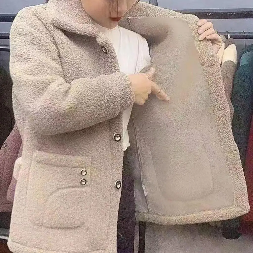 2025 Single Breasted Outwear Women Autumn Winter Coat Lapel Long Sleeve Thickened Imitation Lamb Wool Cardigan Cozy Outwear