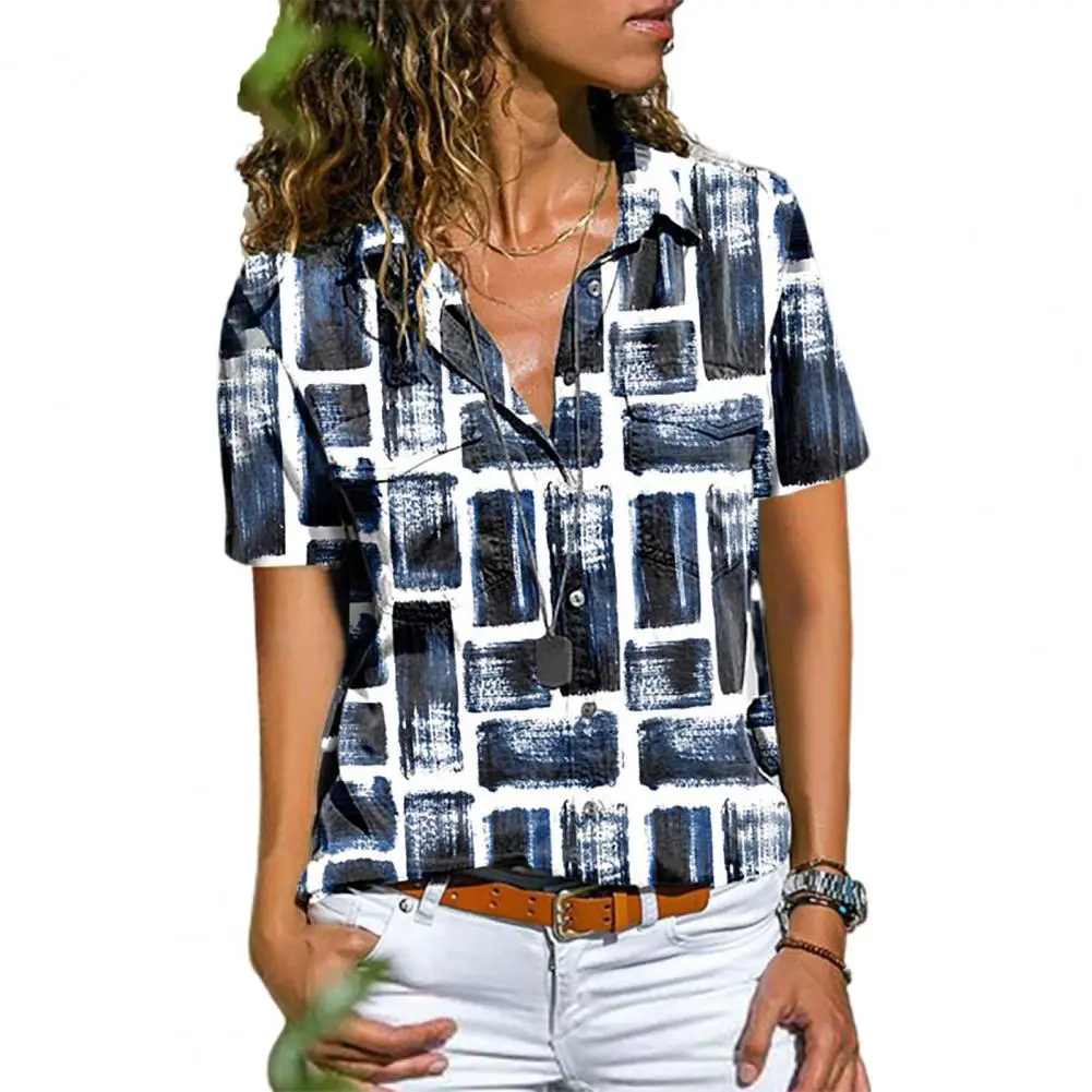 Blouse Streetwear Casual Blouse Thin Classic Printing Pockets Casual Blouse Single-breasted Printing Pockets Women Blouse Shirt