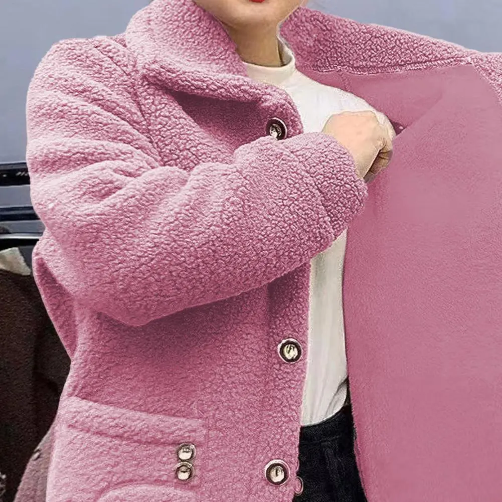 2025 Single Breasted Outwear Women Autumn Winter Coat Lapel Long Sleeve Thickened Imitation Lamb Wool Cardigan Cozy Outwear