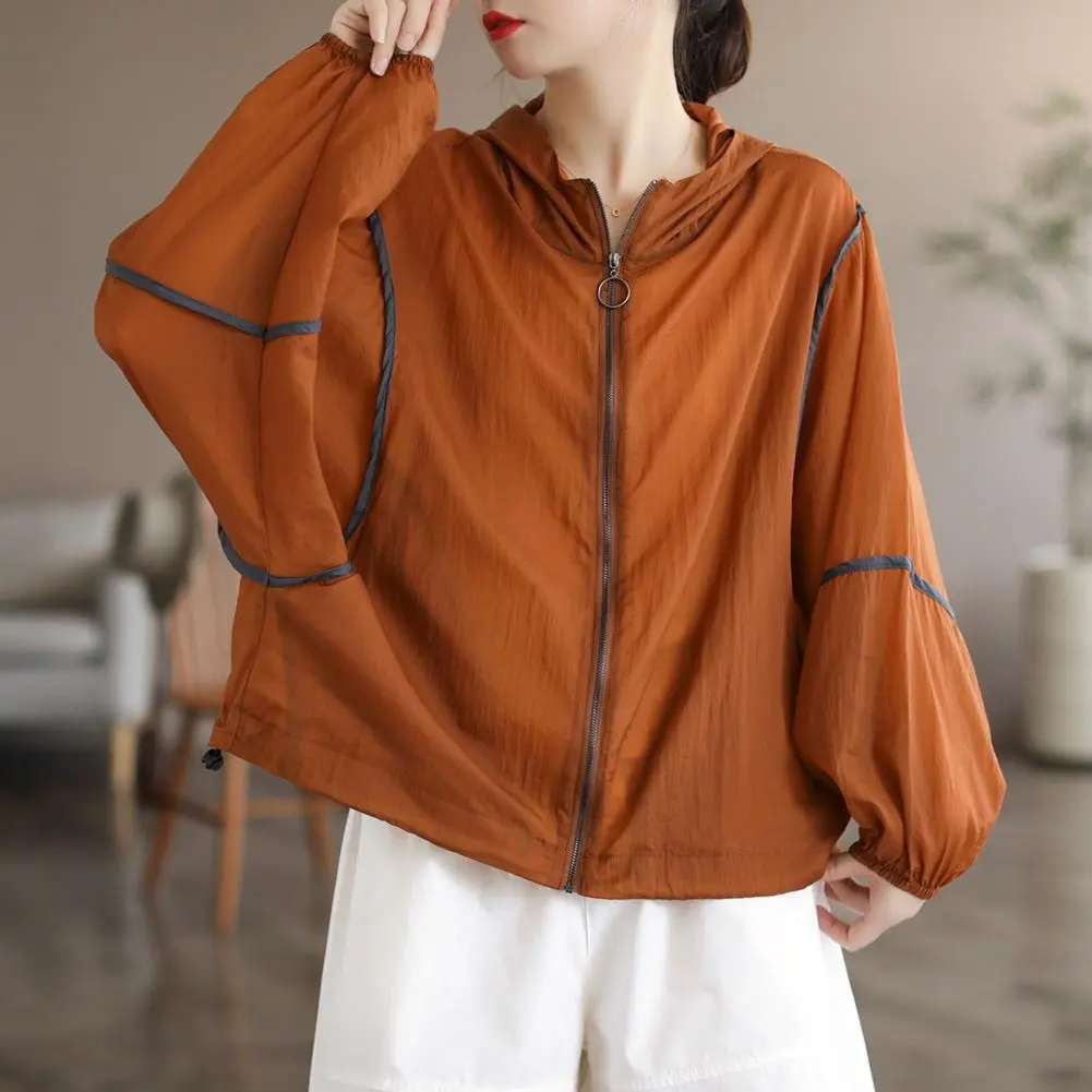 Summer Sunscreen Jacket Long Sleeve Thin Hooded Cardigan Outdoor Travel Sunscreen Coat Contrast Color Women Anti-uv Sweatshirt