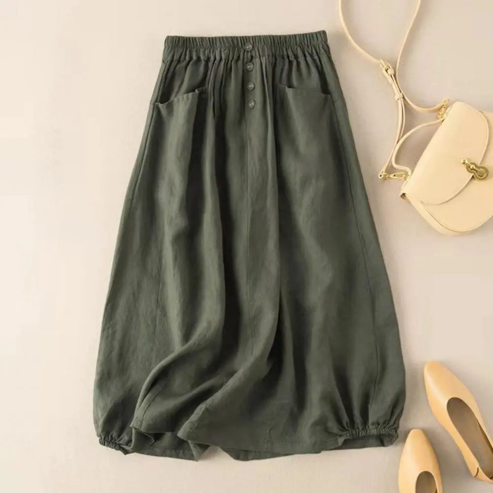 2025 Women Midi Skirt High-Waist Elastic Waistband Pockets Buttons Decor Large Hem Skirt Solid Color A-Line Retro loose Skirt