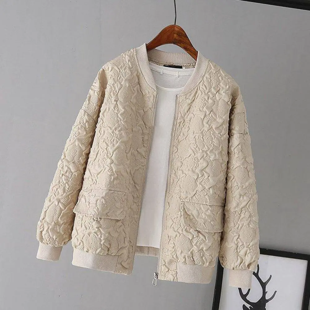 Women Baseball Jacket Solid Color Jacket Ladies Elegant Jacquard Design Ladies Short Baseball Jacket Spring Female Cardigan