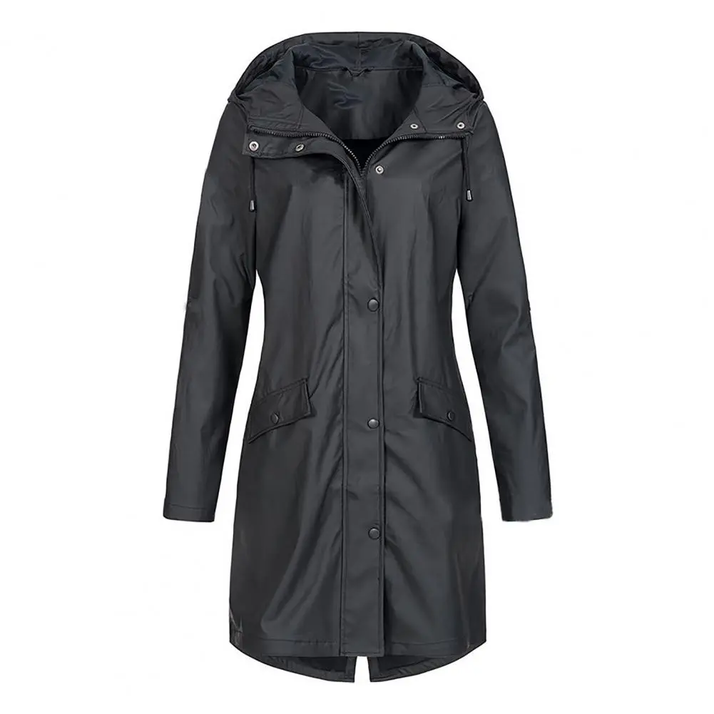 Women Trench Coat Women Hooded Drawstring Long Sleeve Windbreaker Button Zipper Placket Pockets Mid-length Jacket Coat Outerwear