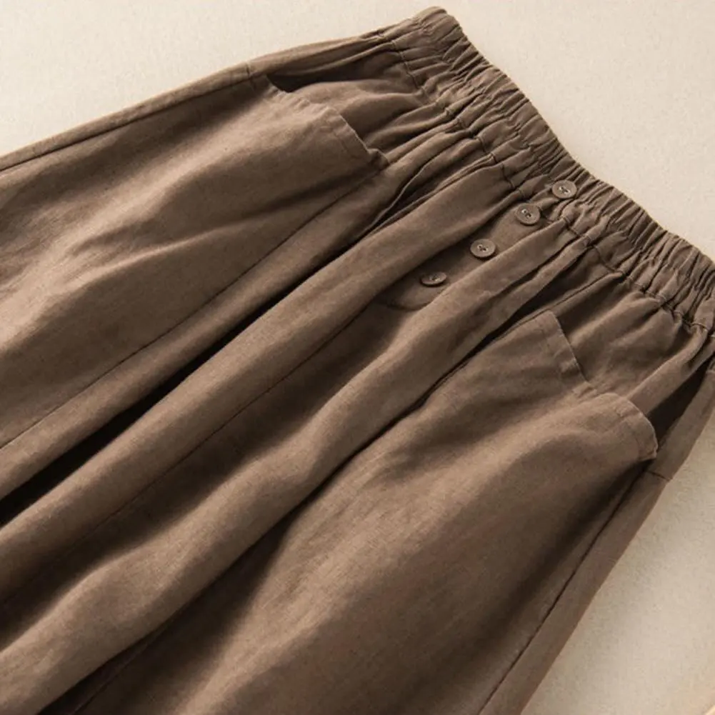 2025 Women Midi Skirt High-Waist Elastic Waistband Pockets Buttons Decor Large Hem Skirt Solid Color A-Line Retro loose Skirt