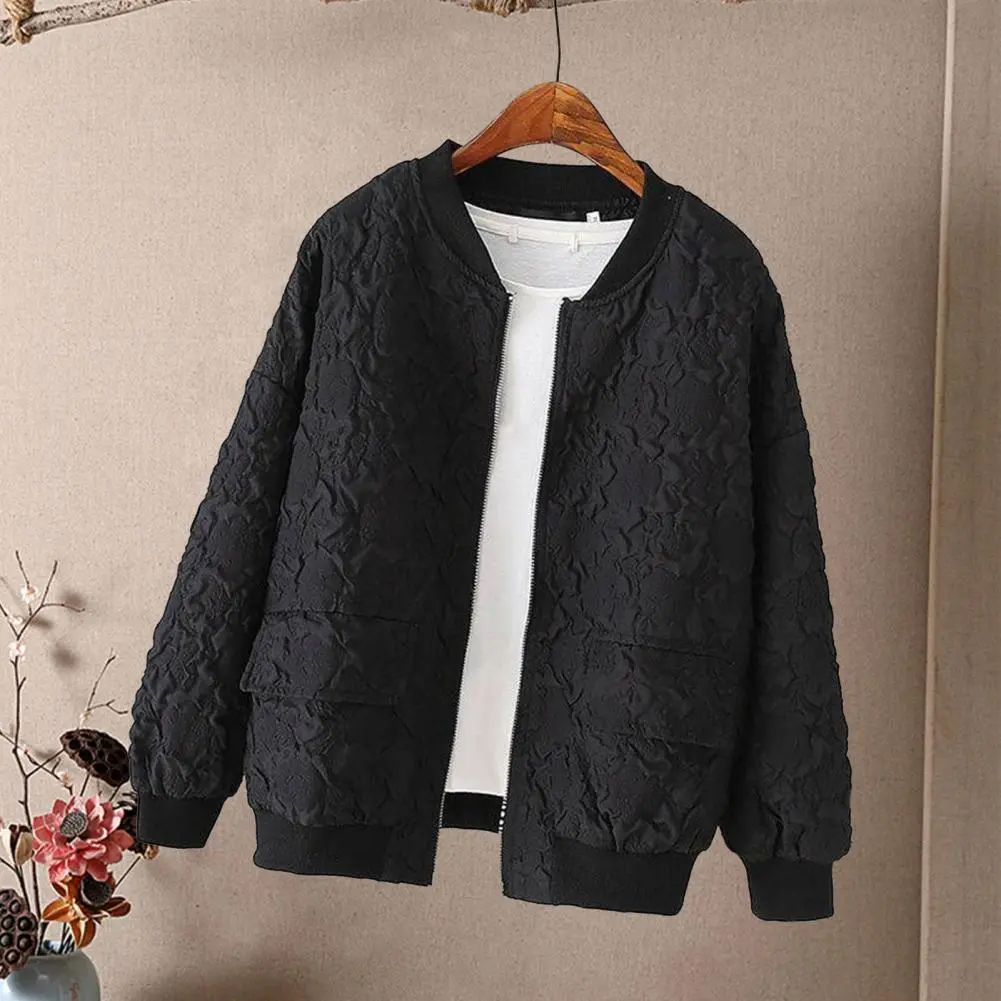 Women Baseball Jacket Solid Color Jacket Ladies Elegant Jacquard Design Ladies Short Baseball Jacket Spring Female Cardigan