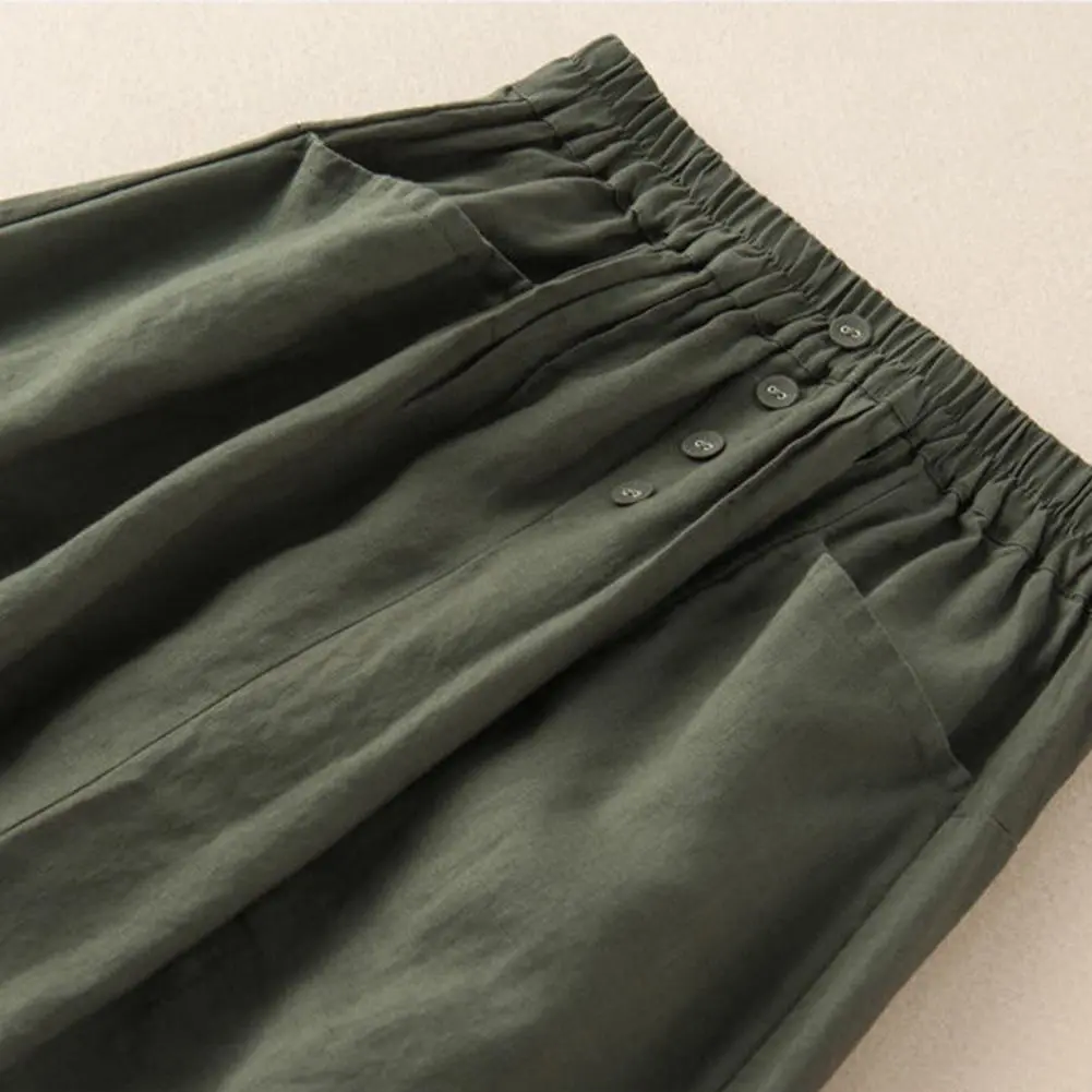 2025 Women Midi Skirt High-Waist Elastic Waistband Pockets Buttons Decor Large Hem Skirt Solid Color A-Line Retro loose Skirt
