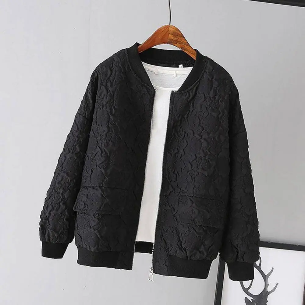 Women Baseball Jacket Solid Color Jacket Ladies Elegant Jacquard Design Ladies Short Baseball Jacket Spring Female Cardigan