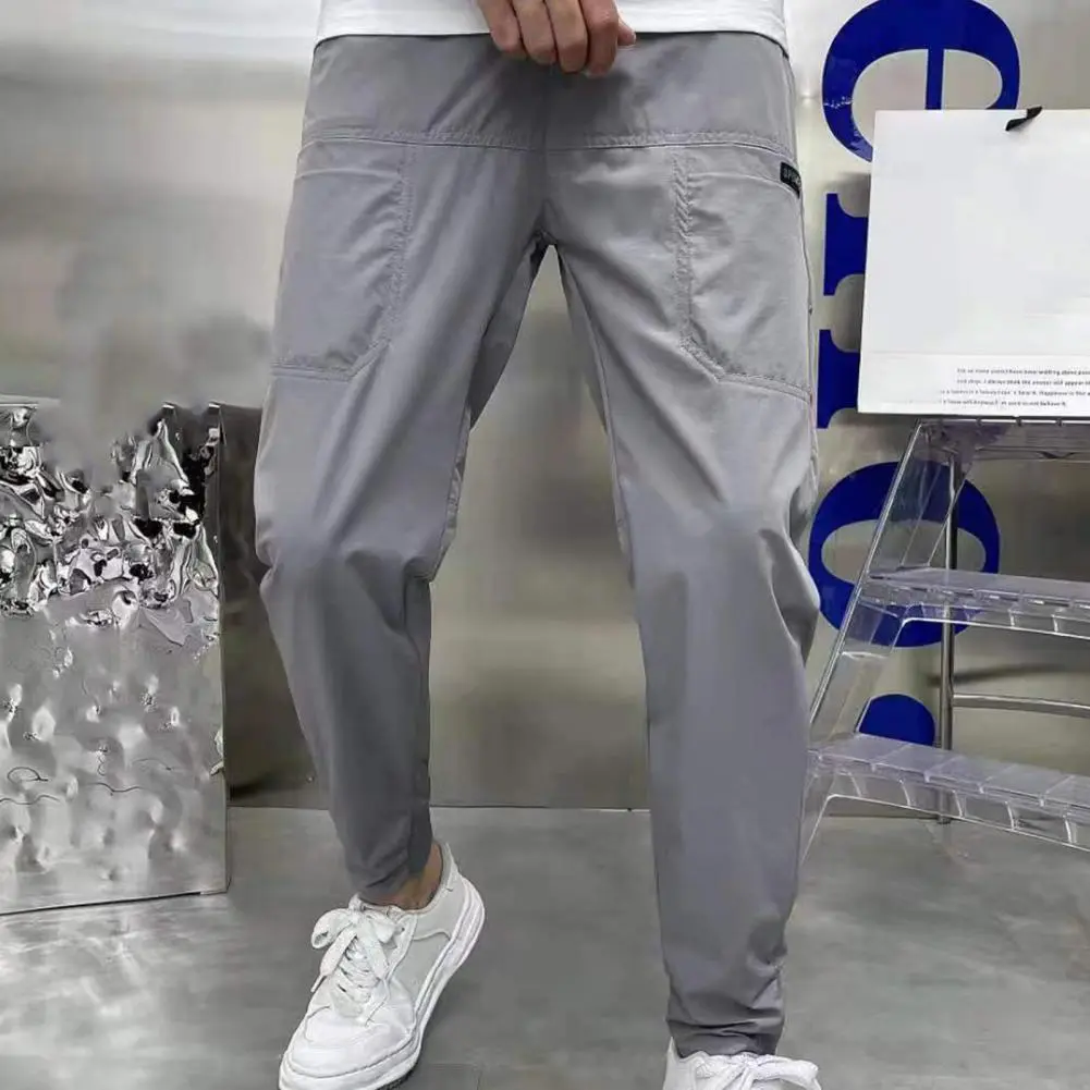 Men Pants Letter Embroidery Sweatpants Elastic Waist Multiple Pockets Slim Fit Ice Silk Men Pencil Pants Men Trousers Streetwear