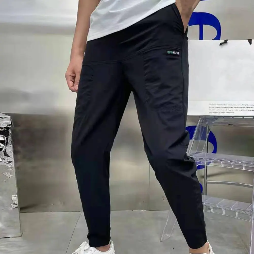 Men Pants Letter Embroidery Sweatpants Elastic Waist Multiple Pockets Slim Fit Ice Silk Men Pencil Pants Men Trousers Streetwear