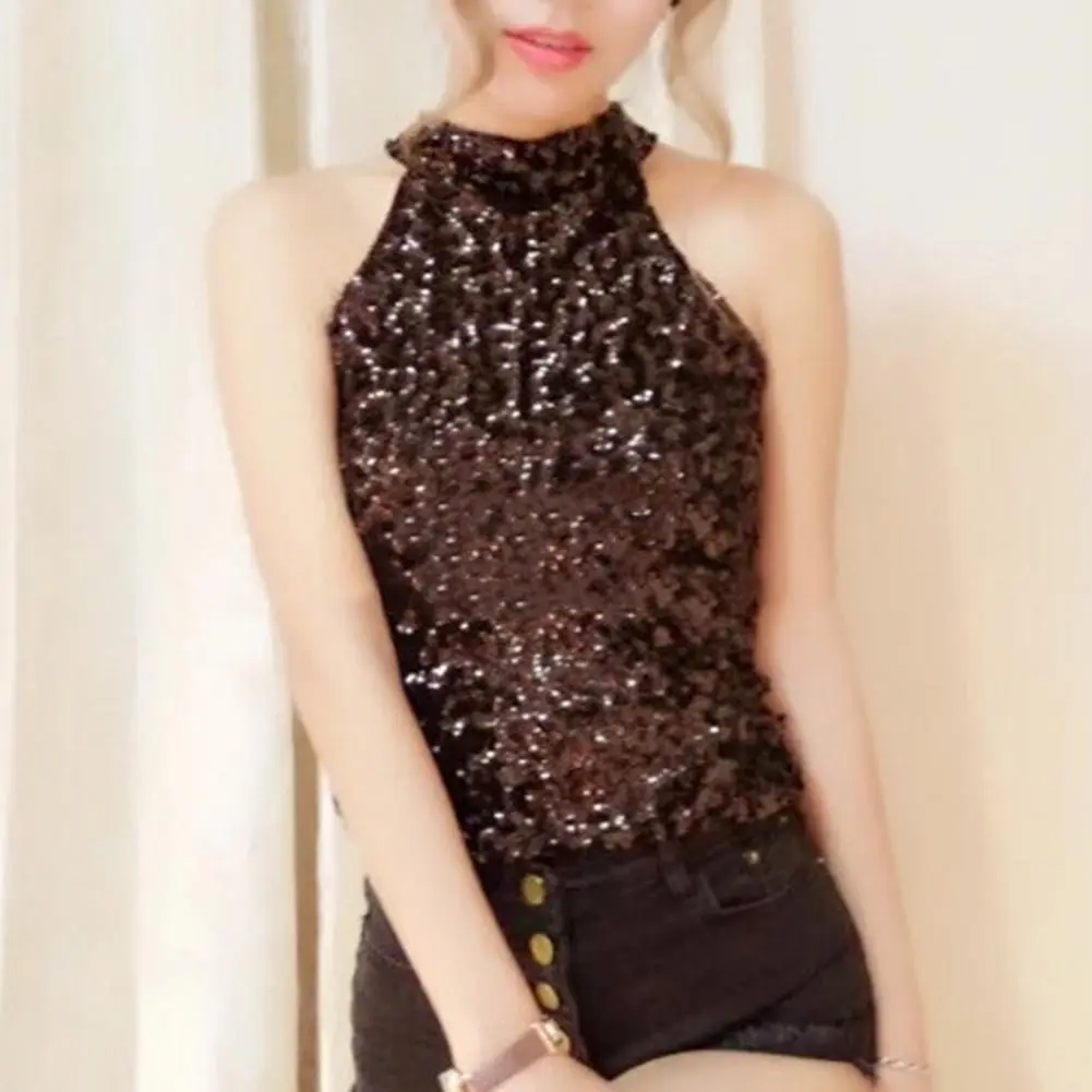 Woemn Brilliant Sequins Backless Tank Top Party Vest Women 2024 Summer Glitter Evening Halter Neck Sexy Tank Top Bottoming Shirt