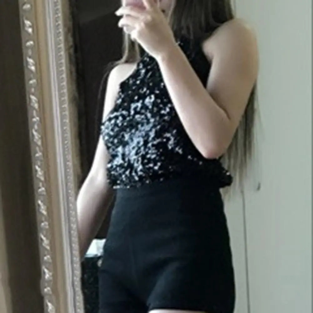 Woemn Brilliant Sequins Backless Tank Top Party Vest Women 2024 Summer Glitter Evening Halter Neck Sexy Tank Top Bottoming Shirt