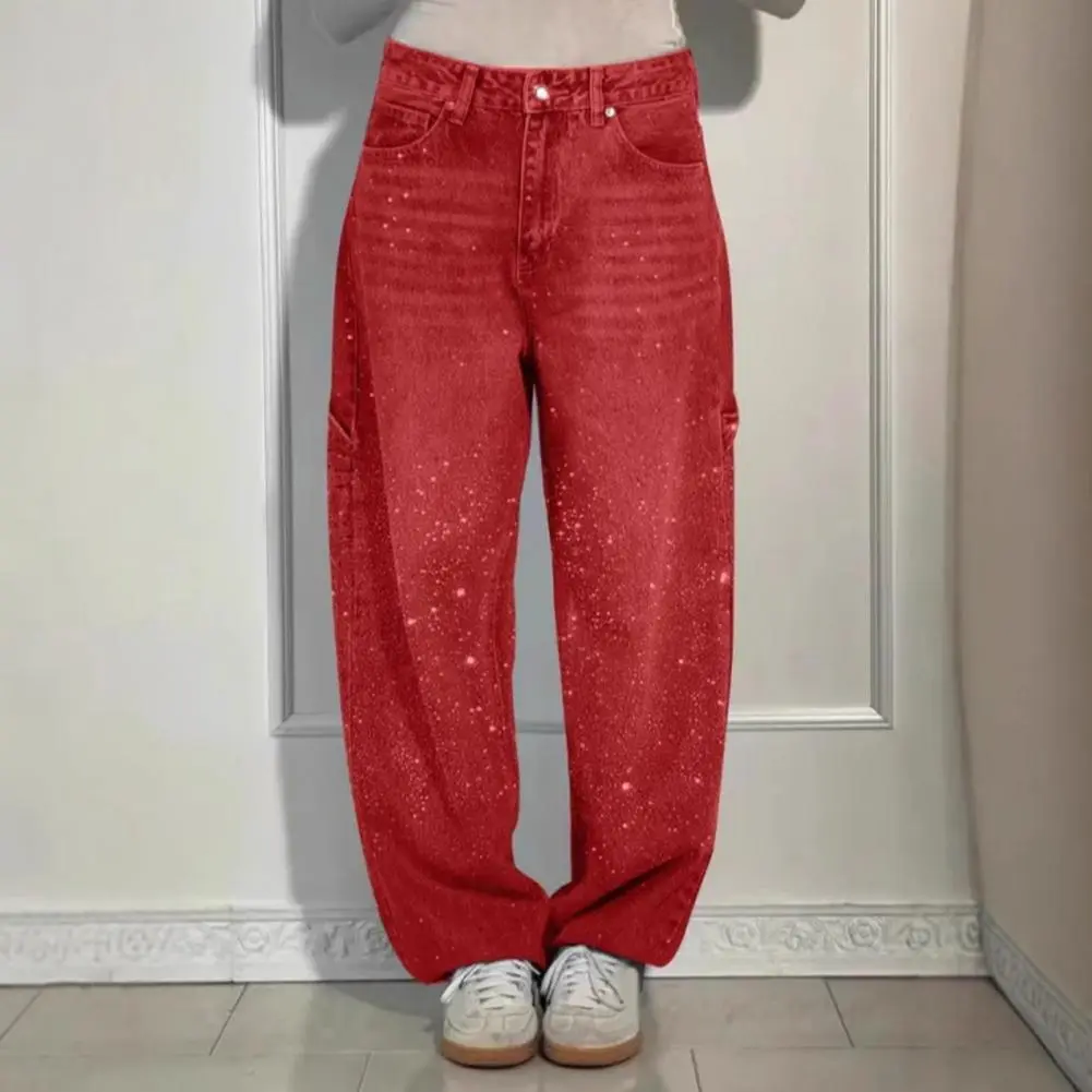 Women's Sparkly Harem Jeans High Waisted Baggy Wide Leg Bling Jeans Casual Straight Leg Denim Pants Premium Cotton Sweatpants