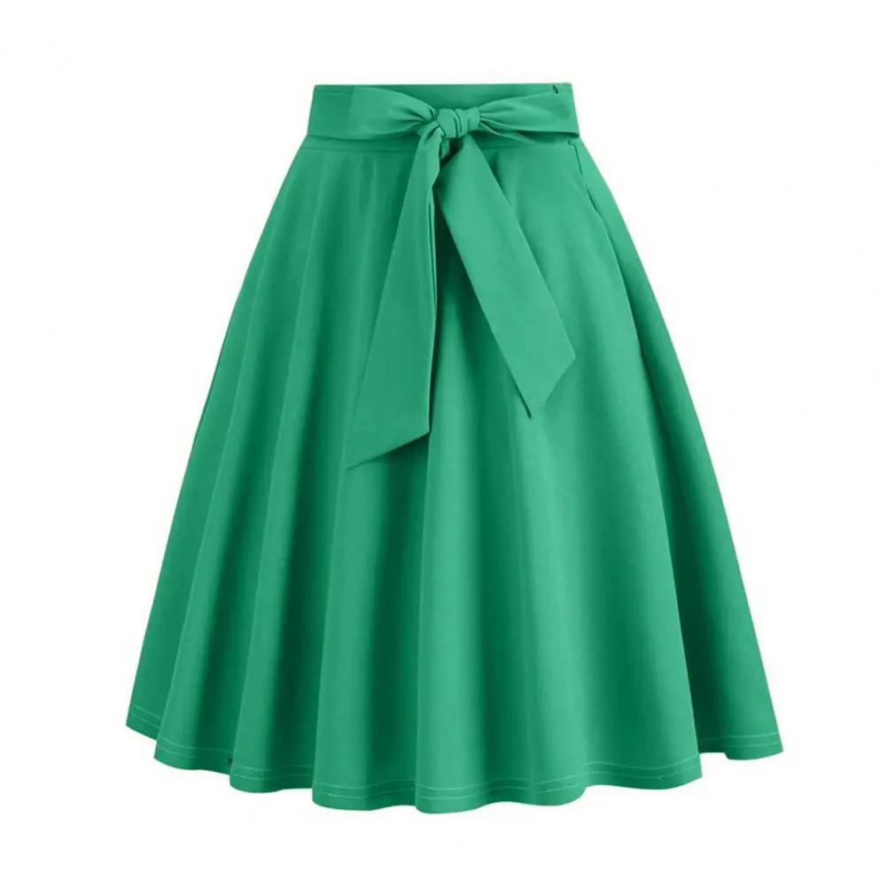 2025 Women Skirt Belted Tight Waist Bow Decor A-line Big Swing Dressy Event Skirt High Waist Soft Ruffle Summer Party Midi Skirt
