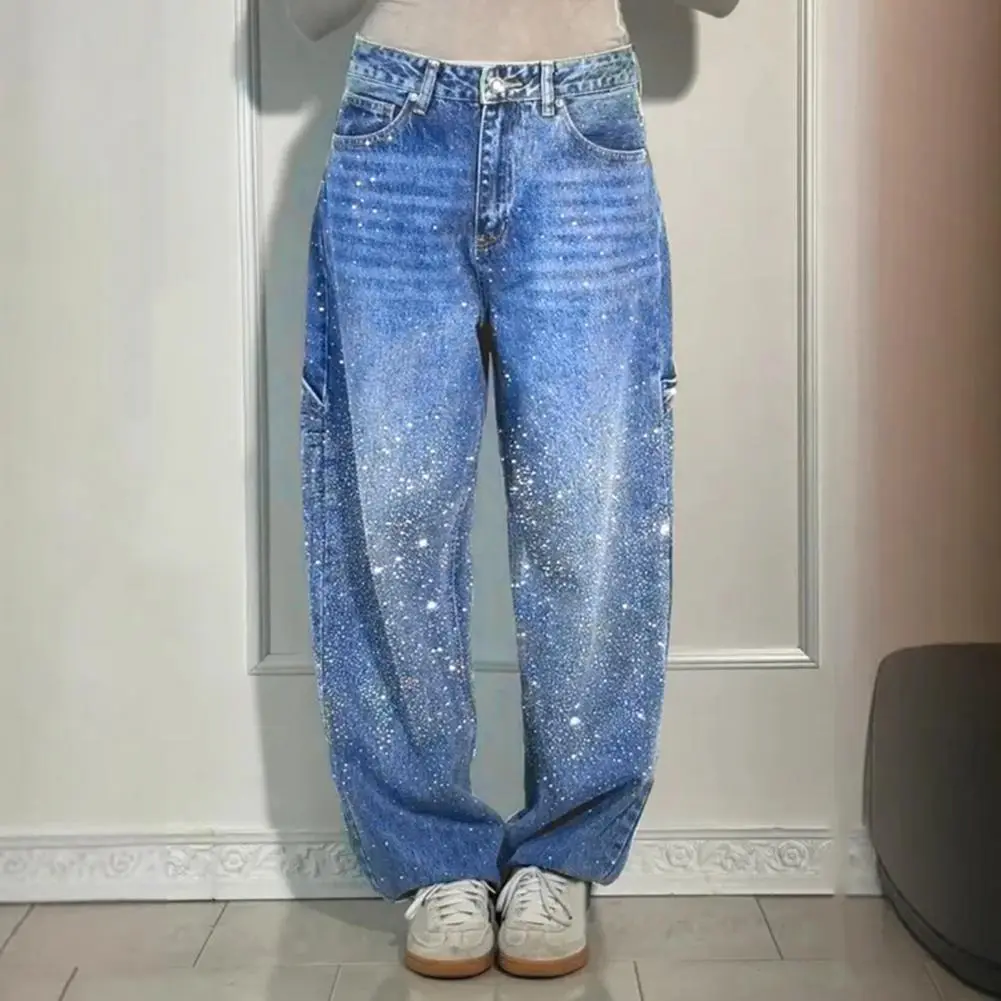 Women's Sparkly Harem Jeans High Waisted Baggy Wide Leg Bling Jeans Casual Straight Leg Denim Pants Premium Cotton Sweatpants