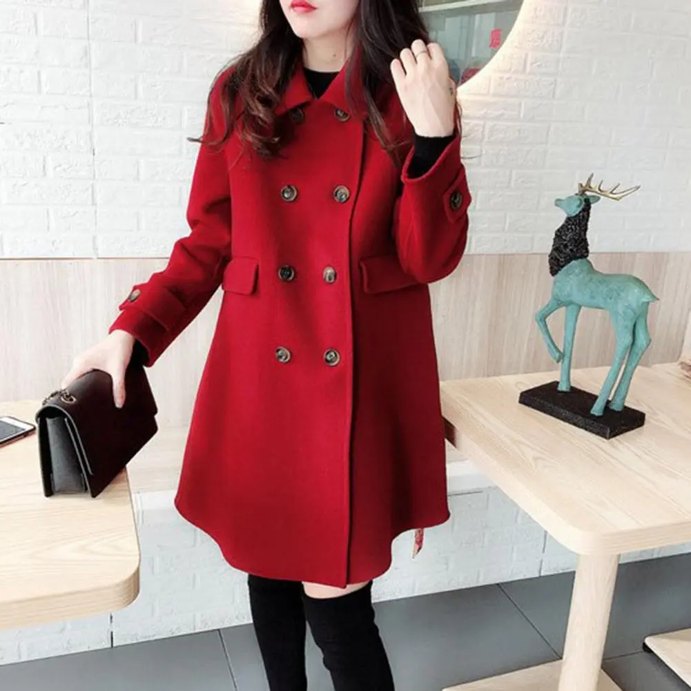 Double-breasted Women Trench Coat Thick Warm Vintage Woolen Mid Length Pockets Lapel Buttons Loose Cardigan Long Sleeve Jacket