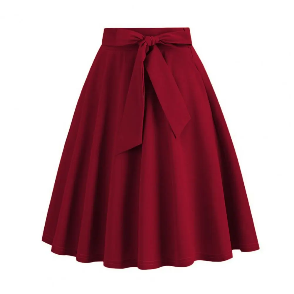 2025 Women Skirt Belted Tight Waist Bow Decor A-line Big Swing Dressy Event Skirt High Waist Soft Ruffle Summer Party Midi Skirt