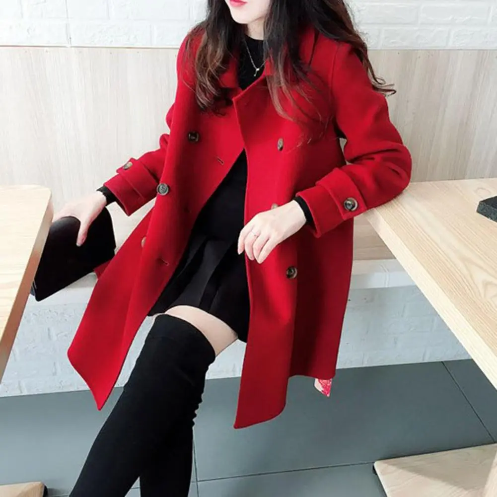 Double-breasted Women Trench Coat Thick Warm Vintage Woolen Mid Length Pockets Lapel Buttons Loose Cardigan Long Sleeve Jacket