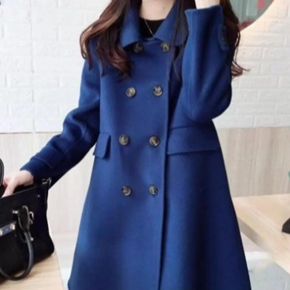 Double-breasted Women Trench Coat Thick Warm Vintage Woolen Mid Length Pockets Lapel Buttons Loose Cardigan Long Sleeve Jacket