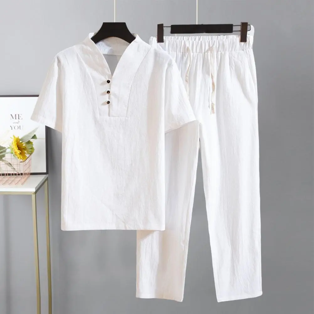 2025 Men Summer Tracksuit Casual Suit V-neck Short Sleeved T-shirt Long Pants Set Wide Leg Plus Size Men Tee Trousers Set