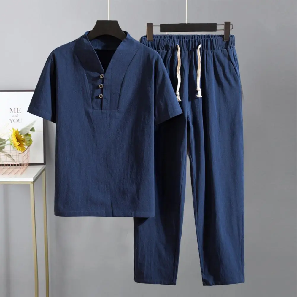 2025 Men Summer Tracksuit Casual Suit V-neck Short Sleeved T-shirt Long Pants Set Wide Leg Plus Size Men Tee Trousers Set