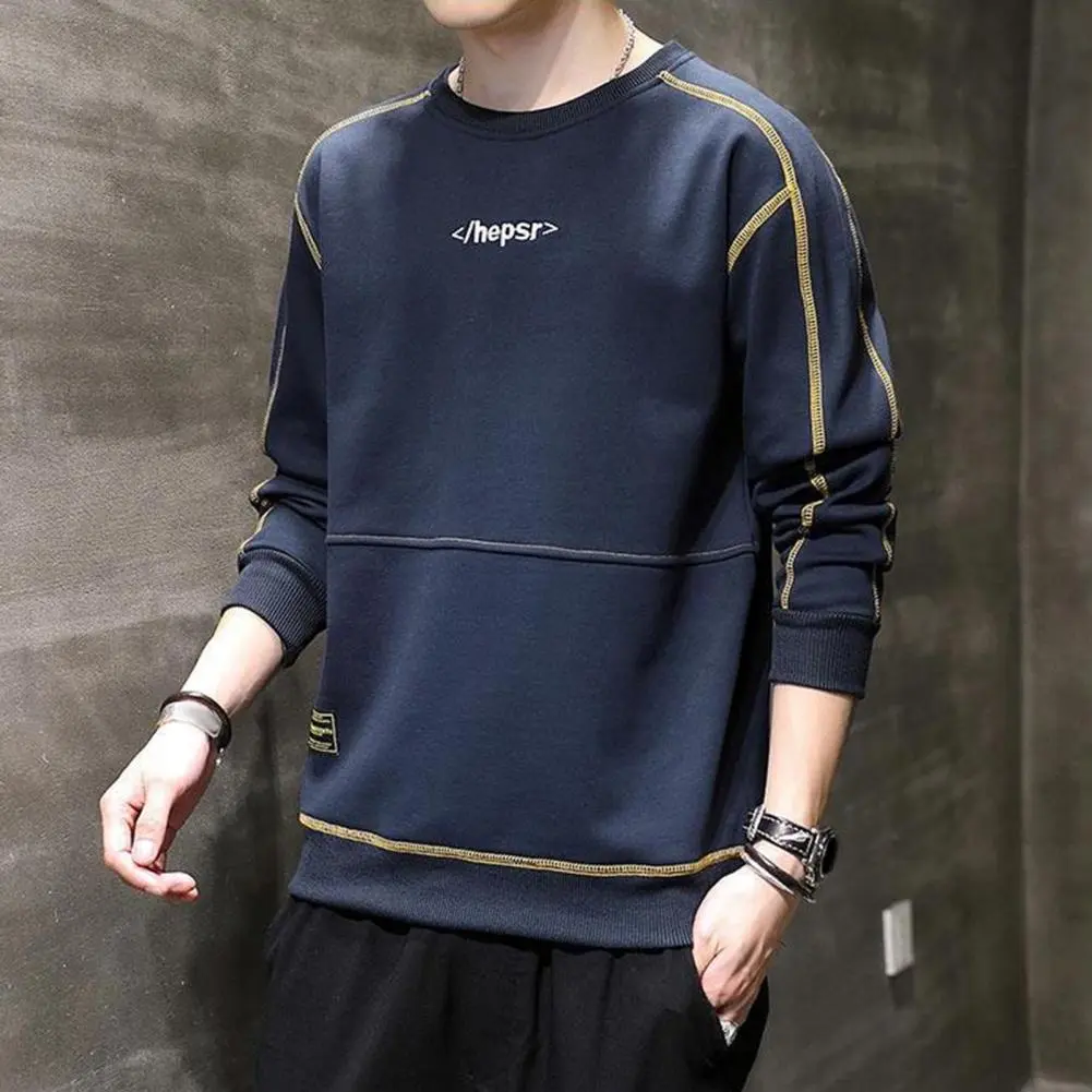 Letter Embroidery Men Sweatshirt High Street Round Neck Long Sleeve Loose Casual Sweatshirt Solid Color Hoodies Pullover Men Top