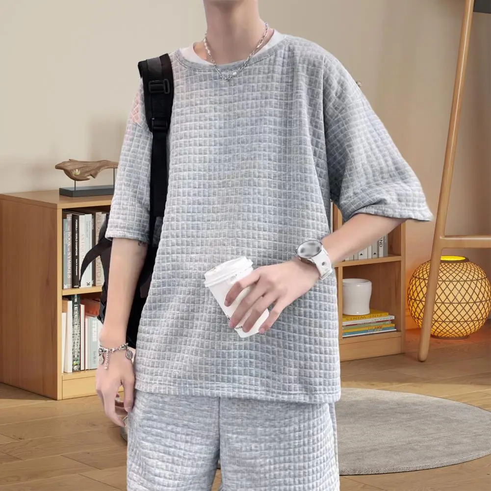 Waffle Fabric Men's Set Spring And Summer Sports Men T-shirt Shorts Set Casual Loose Short-sleeved Drawstring Shorts Sports Suit