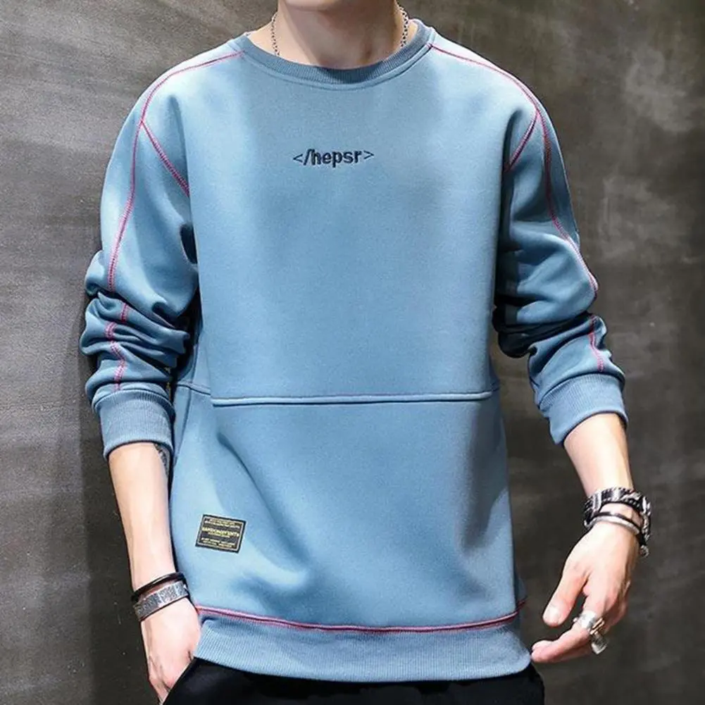 Letter Embroidery Men Sweatshirt High Street Round Neck Long Sleeve Loose Casual Sweatshirt Solid Color Hoodies Pullover Men Top