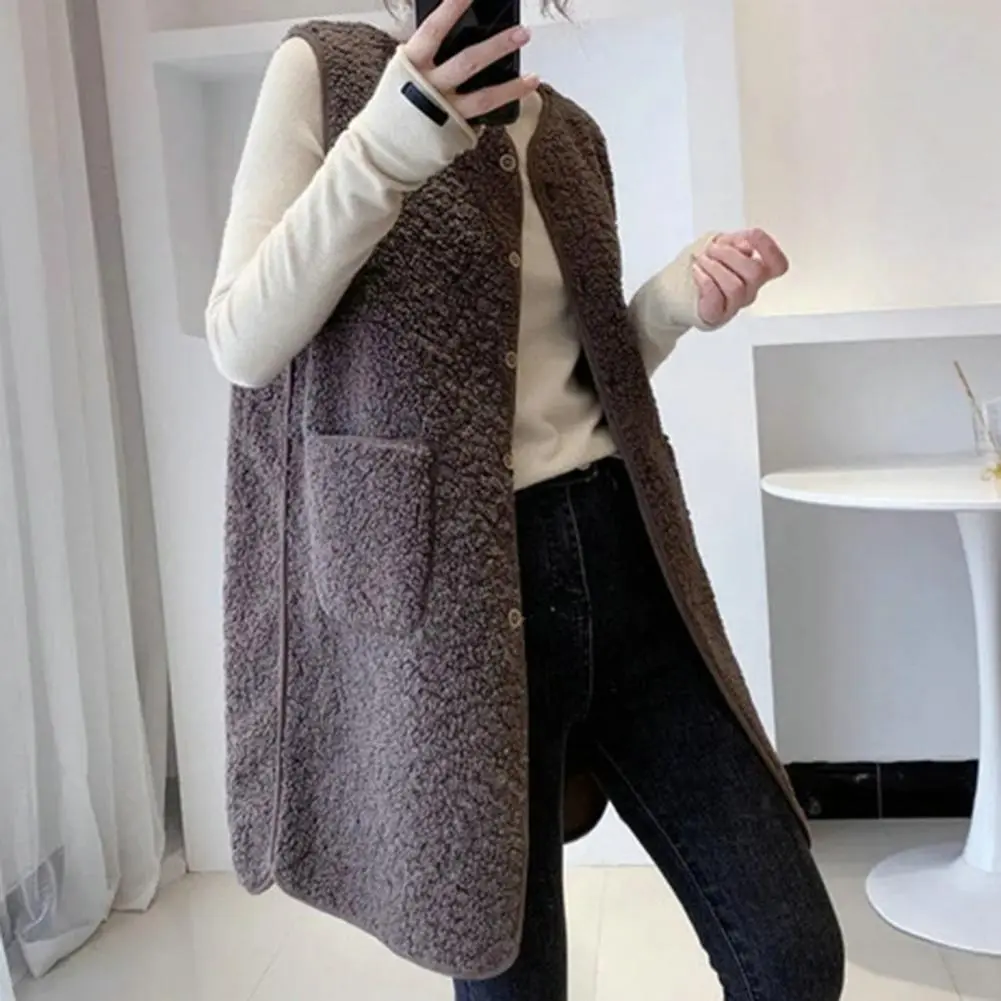 2025 Women Vest Casual Sleeveless Coat V-Neck Button Closure Lady Jacket With Pocket Single-breasted Women Plush Fur Vest