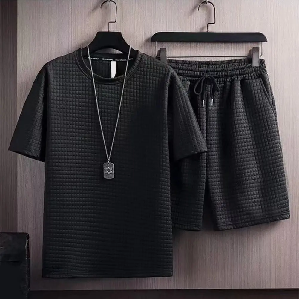 Waffle Fabric Men's Set Spring And Summer Sports Men T-shirt Shorts Set Casual Loose Short-sleeved Drawstring Shorts Sports Suit
