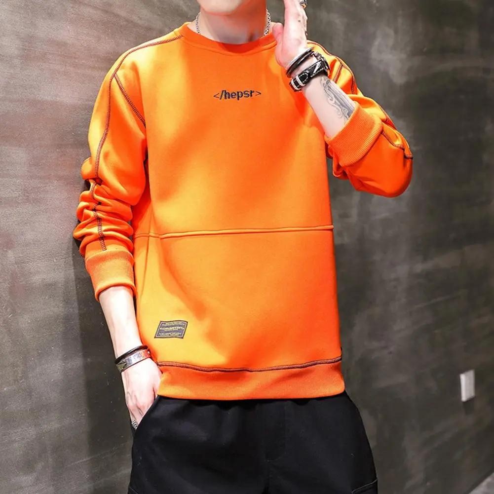 Letter Embroidery Men Sweatshirt High Street Round Neck Long Sleeve Loose Casual Sweatshirt Solid Color Hoodies Pullover Men Top