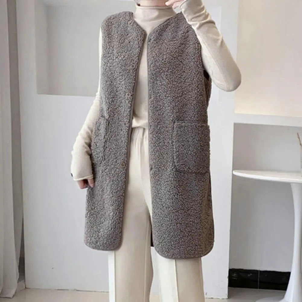 2025 Women Vest Casual Sleeveless Coat V-Neck Button Closure Lady Jacket With Pocket Single-breasted Women Plush Fur Vest
