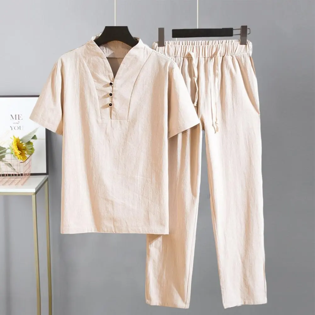 2025 Men Summer Tracksuit Casual Suit V-neck Short Sleeved T-shirt Long Pants Set Wide Leg Plus Size Men Tee Trousers Set