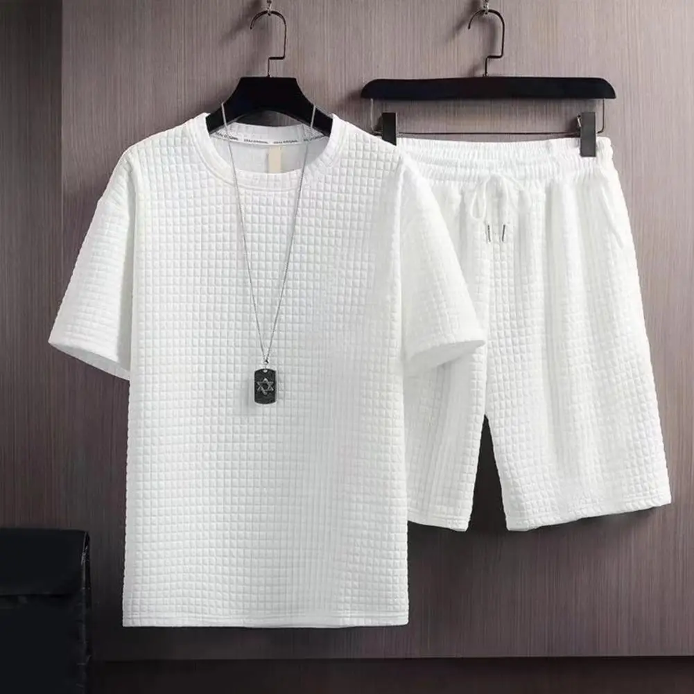 Waffle Fabric Men's Set Spring And Summer Sports Men T-shirt Shorts Set Casual Loose Short-sleeved Drawstring Shorts Sports Suit