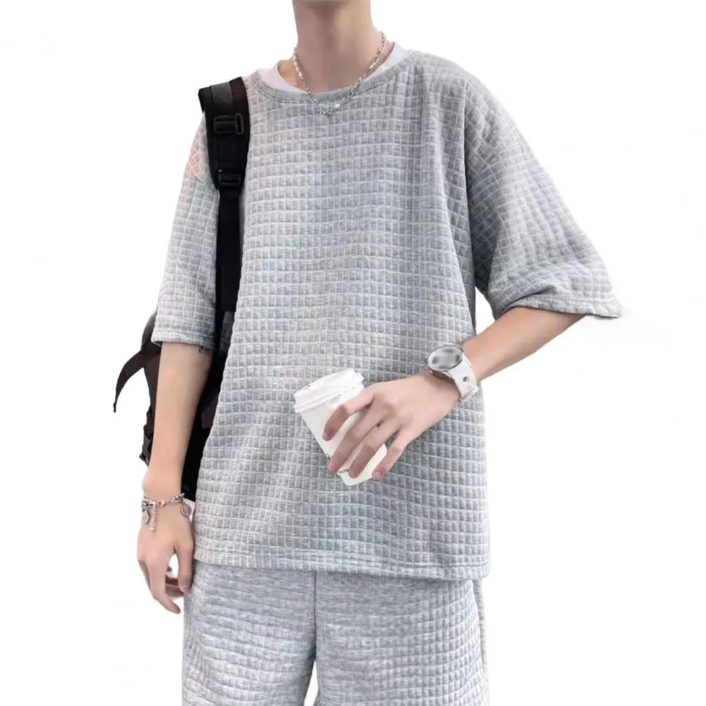 Waffle Fabric Men's Set Spring And Summer Sports Men T-shirt Shorts Set Casual Loose Short-sleeved Drawstring Shorts Sports Suit