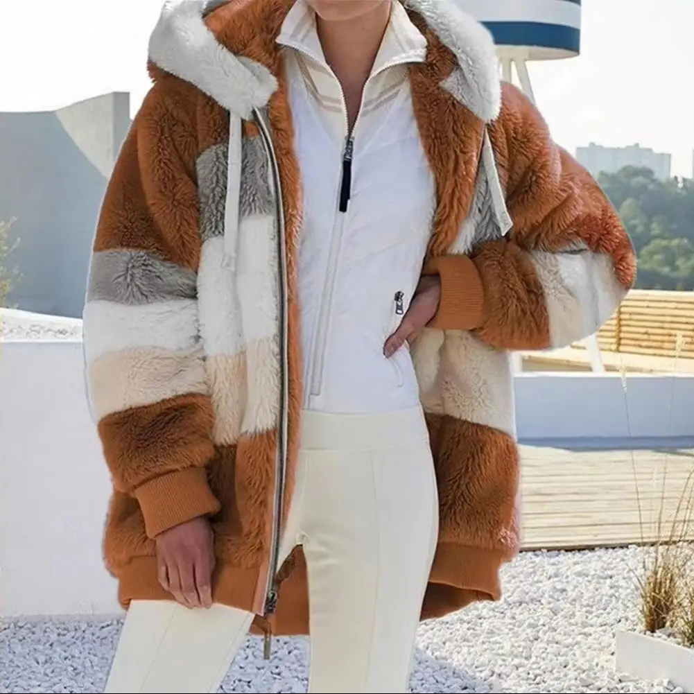 2025 Women Winter Coat Color Block Long Sleeves Zipper Cardigan Loose Furry Warm Plush Plus Size Lady Jacket Winter Clothes