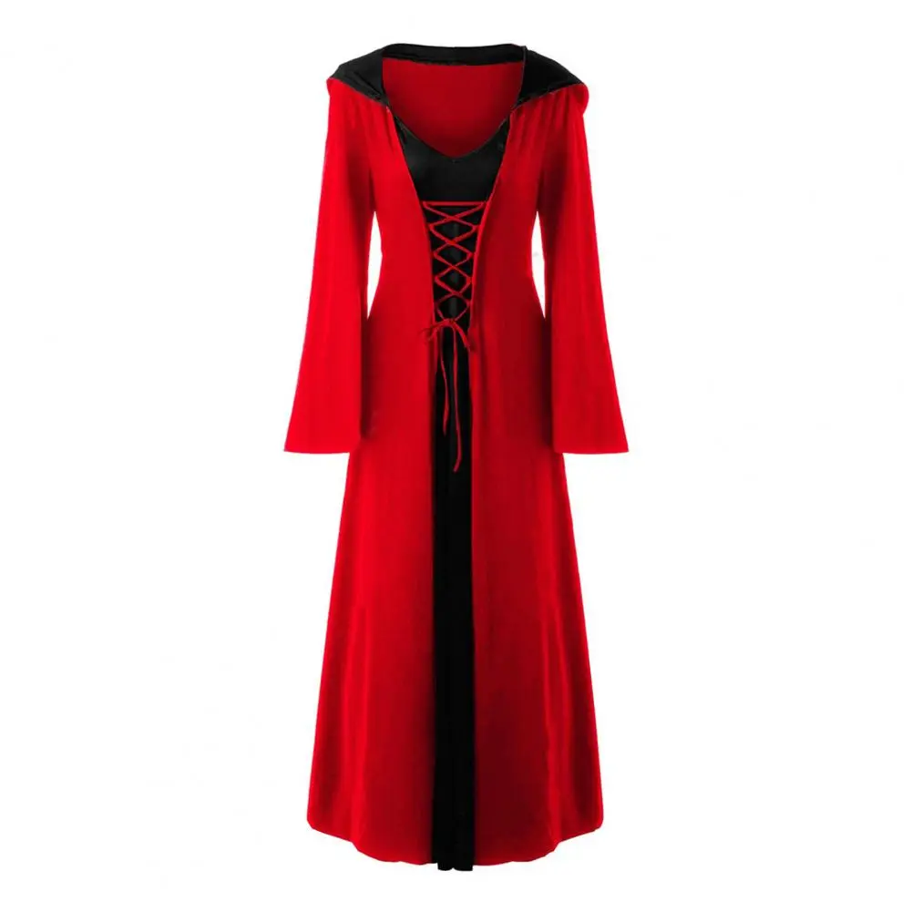 Women Halloween Dress Hooded Cape V-neck Lace-up Dress Masquerade Ball Gown Performance Dress Party Outfit Silhouette Dresses